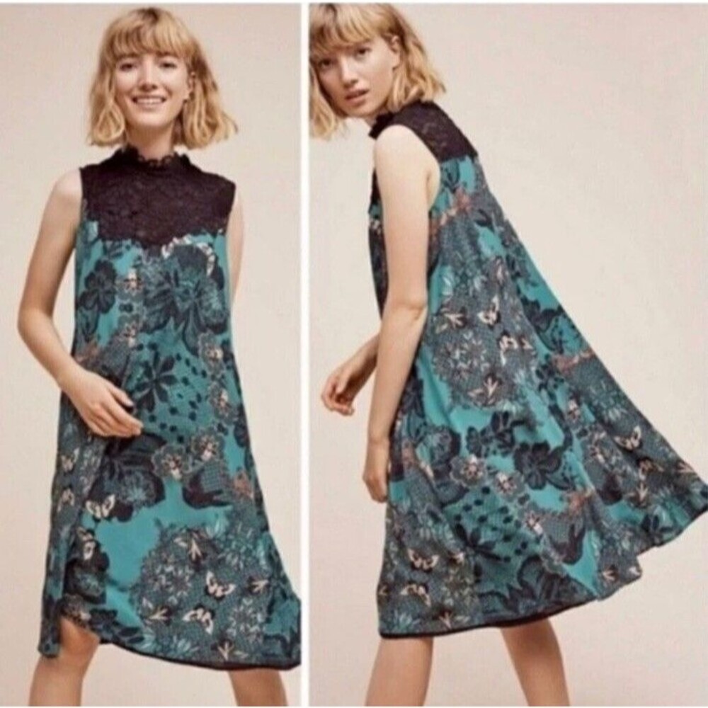 Maeve Anthropologie Silk Blend Midi Dress M  Boho Butterfly Print Lace Mock Neck